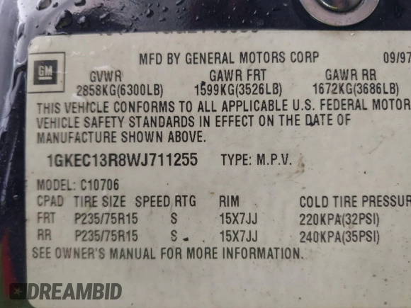 1998 GMC Yukon with VIN 1GKEC13R8WJ711255, listed as a IAAI auction lot 41457304 with 291,211 mi miles. Bid and sale history available at carsss.com. Image 9.