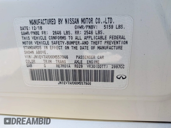 2019 Infiniti Q50 Luxe with VIN JN1EV7ARXKM557946, listed as a IAAI auction lot 40362058 with 56,615 mi miles and . Bid and sale history available at carsss.com. Image 9.