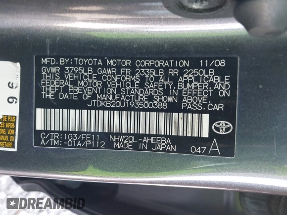 2009 Toyota Prius with VIN JTDKB20U193500388, listed as a IAAI auction lot 41980942 with 180,446 mi miles. Bid and sale history available at carsss.com. Image 9.