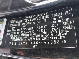 2012 Kia Sorento LX with VIN 5XYKT4A6XCG268899, listed as a IAAI auction lot 41727022 with 1 mi miles. Bid and sale history available at carsss.com. Image 9.