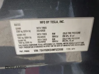 2022 Tesla Model Y Long Range z VIN 7SAYGDEE4NF522698, wystawiony jako IAAI lot #41287885 z przebiegiem 82 306 mil mil oraz . Historia ofert i sprzedaży dostępna na DreamBid. Obrazek 9.