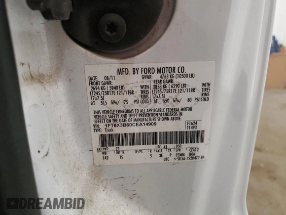 2012 Ford F-350 XL z VIN 1FT8X3B60CEA14909, wystawiony jako Copart lot #60431045 z przebiegiem 177 057 mil mil oraz Szkoda całkowita • Salvage title. Historia ofert i sprzedaży dostępna na DreamBid. Obrazek 12.
