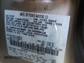2005 Ford Five Hundred SEL with VIN 1FAHP24195G160685, listed as a Copart auction lot 61601335 with Not provided miles and Salvage title. Bid and sale history available at DreamBid. Image 12.