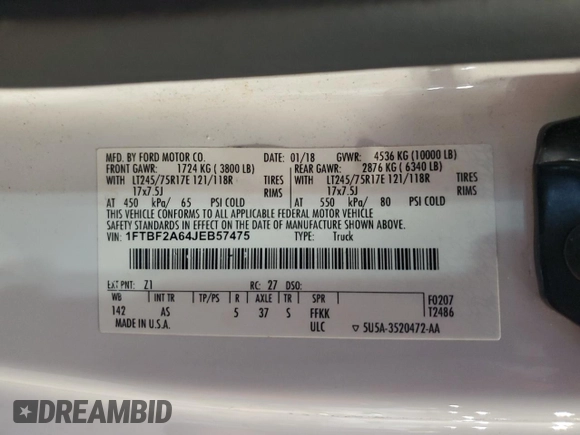 2018 Ford F-250 XL с VIN 1FTBF2A64JEB57475, выставлен на аукционе Copart как лот 45282165 с пробегом 120 022 миль миль и Списание • Salvage title. История ставок и продаж доступна на DreamBid. Изображение 14.