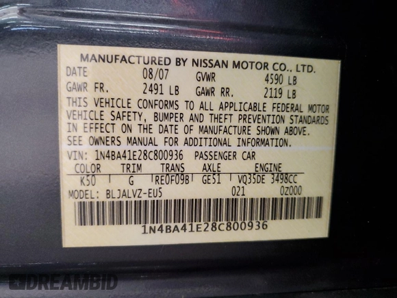 2008 Nissan Maxima 3.5 SE with VIN 1N4BA41E28C800936, listed as a Copart auction lot 52751385 with 166,838 mi miles and Clean Title. Bid and sale history available at carsss.com. Image 12.
