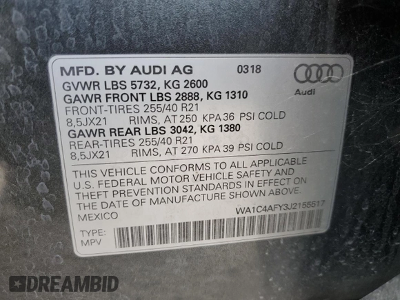 2018 Audi SQ5 Prestige with VIN WA1C4AFY3J2155517, listed as a Copart auction lot 44169194 with 70,404 mi miles and . Bid and sale history available at DreamBid. Image 14.