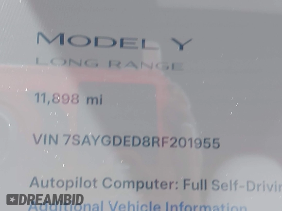2024 Tesla Model Y with VIN 7SAYGDED8RF201955, listed as a IAAI auction lot 42700483 with 11,898 mi miles and . Bid and sale history available at DreamBid. Image 16.