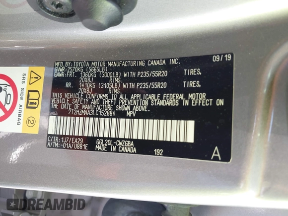 2020 Lexus RX 350 with VIN 2T2HZMAA3LC152884, listed as a IAAI auction lot 42216229 with 48,849 mi miles and . Bid and sale history available at DreamBid. Image 9.