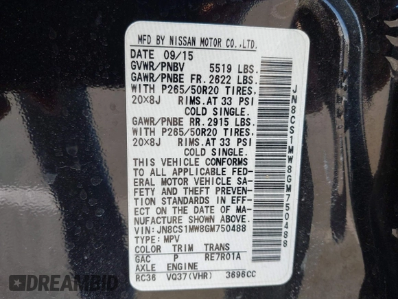 2016 Infiniti QX70 with VIN JN8CS1MW8GM750488, listed as a IAAI auction lot 41888277 with 146,484 mi miles and . Bid and sale history available at DreamBid. Image 9.