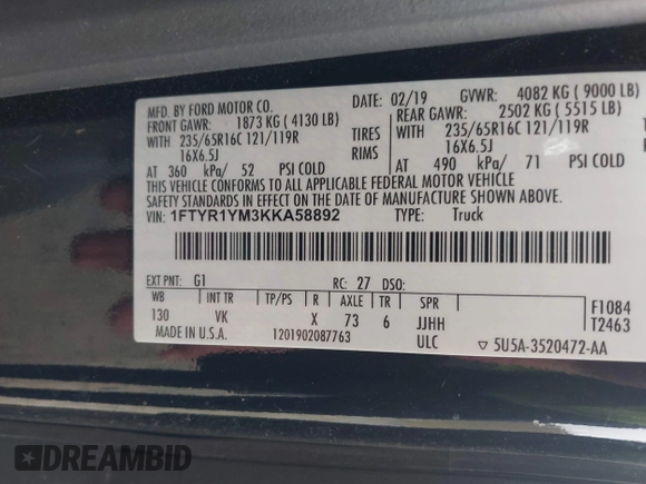 2019 Ford Transit with VIN 1FTYR1YM3KKA58892, listed as a IAAI auction lot 41731823 with 138,685 mi miles and . Bid and sale history available at DreamBid. Image 9.