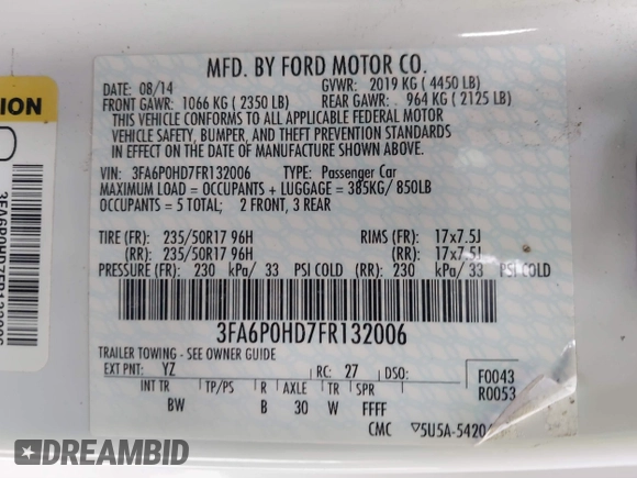 2015 Ford Fusion SE with VIN 3FA6P0HD7FR132006, listed as a IAAI auction lot 41834816 with 131,257 mi miles. Bid and sale history available at carsss.com. Image 9.