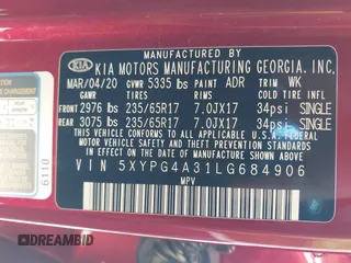 2020 Kia Sorento LX with VIN 5XYPG4A31LG684906, listed as a IAAI auction lot 41760413 with 100,486 mi miles. Bid and sale history available at carsss.com. Image 9.