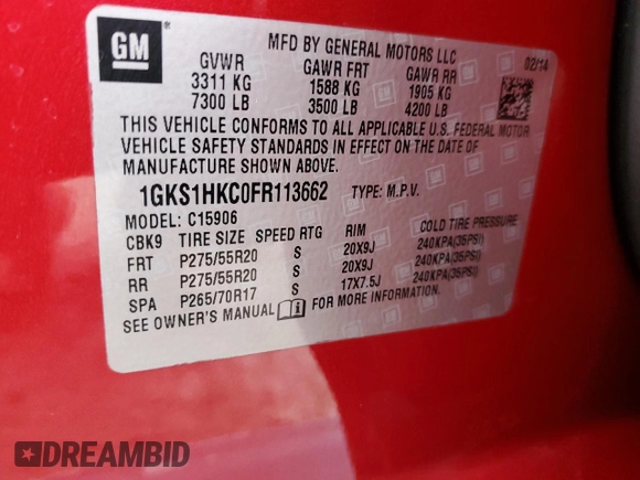2015 GMC Yukon XL SLT with VIN 1GKS1HKC0FR113662, listed as a Copart auction lot 42992245 with 186,904 mi miles and Salvage Title. Bid and sale history available at carsss.com. Image 13.