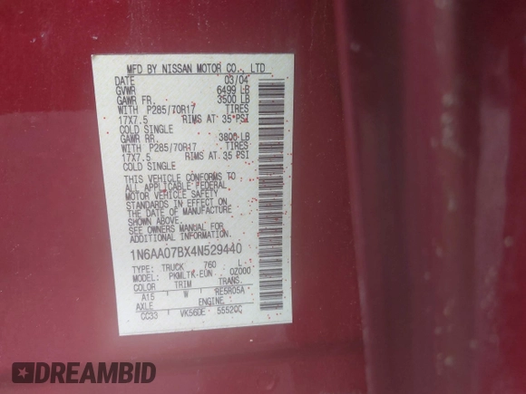 2004 Nissan Titan LE с VIN 1N6AA07BX4N529440, выставлен на аукционе IAAI как лот 42315667 с пробегом 146 955 миль миль и . История ставок и продаж доступна на DreamBid. Изображение 9.