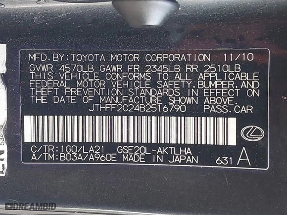 2011 Lexus IS 250C with VIN JTHFF2C24B2516790, listed as a IAAI auction lot 41073567 with 123615 miles. Bid and sale history available at carsss.com. Image 9.