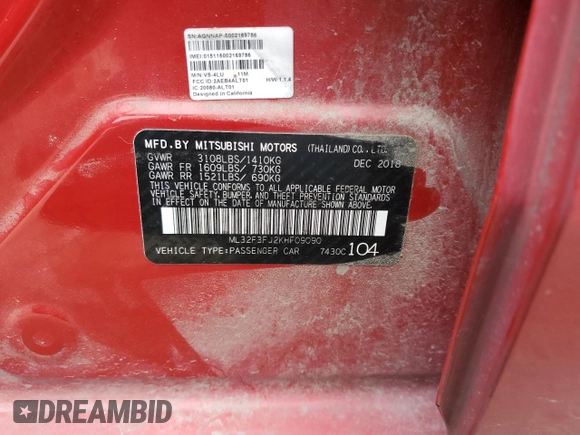 2019 Mitsubishi Mirage G4 ES with VIN ML32F3FJ2KHF09090, listed as a Copart auction lot 49980244 with 93,499 mi miles and Salvage Title. Bid and sale history available at carsss.com. Image 13.