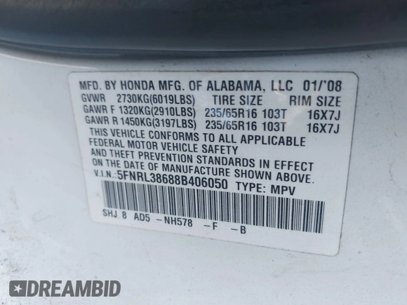 2008 Honda Odyssey EX-L with VIN 5FNRL38688B406050, listed as a IAAI auction lot 41817618 with 157,943 mi miles. Bid and sale history available at carsss.com. Image 9.