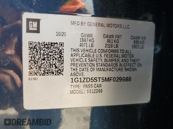 2021 Chevrolet Malibu LT with VIN 1G1ZD5ST5MF029988, listed as a Copart auction lot 54847275 with 52,496 mi miles and Non Repairable. Bid and sale history available at DreamBid. Image 12.