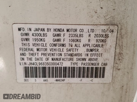 2005 Acura TSX with VIN JH4CL96835C000472, listed as a Copart auction lot 73704164 with 188,101 mi miles and Salvage title. Bid and sale history available at DreamBid. Image 13.