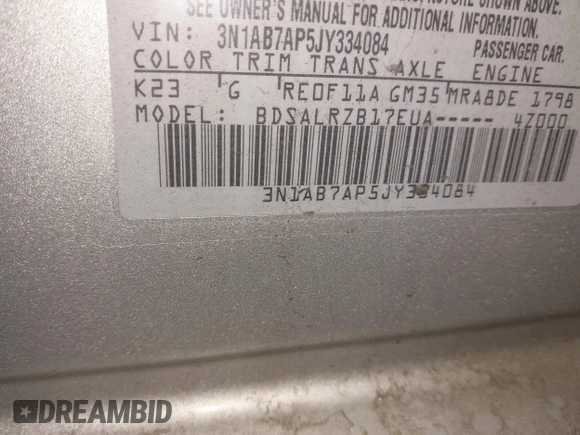 2018 Nissan Sentra S with VIN 3N1AB7AP5JY334084, listed as a IAAI auction lot 41721086 with Not Provided miles and . Bid and sale history available at DreamBid. Image 9.
