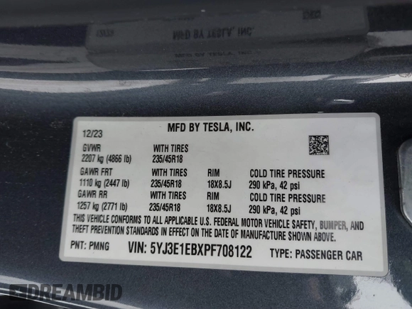 2023 Tesla Model 3 Long Range with VIN 5YJ3E1EBXPF708122, listed as a IAAI auction lot 41185314 with 27,765 mi miles and . Bid and sale history available at DreamBid. Image 9.