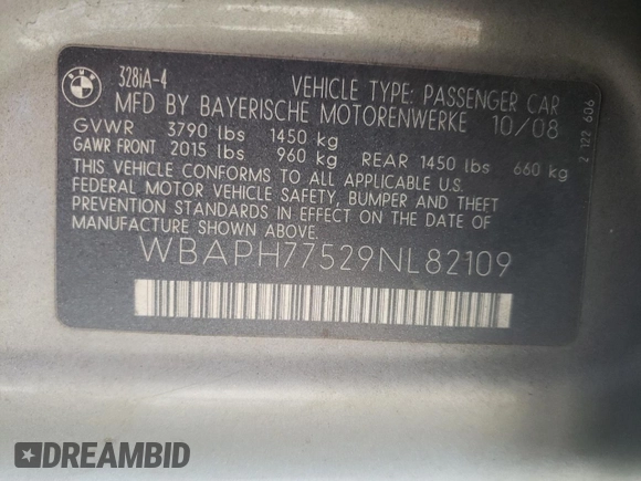 2009 BMW 3 Series 328i with VIN WBAPH77529NL82109, listed as a Copart auction lot 42810995 with 0 mi miles and Salvage Title. Bid and sale history available at carsss.com. Image 12.