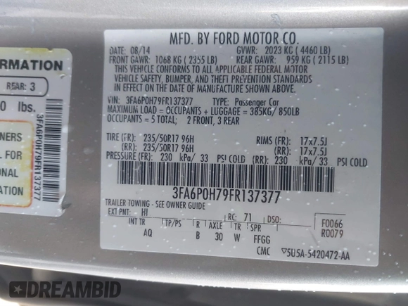 2015 Ford Fusion SE z VIN 3FA6P0H79FR137377, wystawiony jako IAAI lot #41345497 z przebiegiem 170 533 mil mil oraz . Historia ofert i sprzedaży dostępna na DreamBid. Obrazek 9.