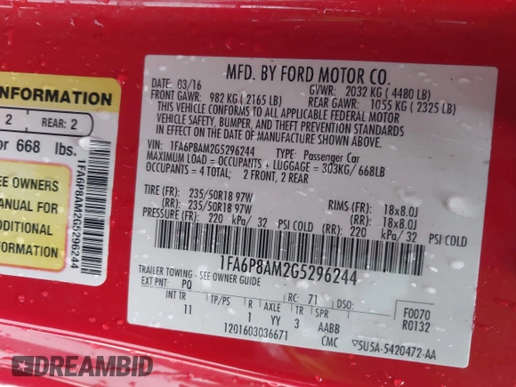 2016 Ford Mustang V6 with VIN 1FA6P8AM2G5296244, listed as a IAAI auction lot 42015937 with 84,343 mi miles and . Bid and sale history available at carsss.com. Image 9.