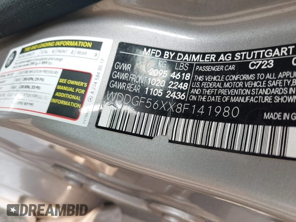 2008 Mercedes-Benz C 350 Sport with VIN WDDGF56XX8F141980, listed as a IAAI auction lot 42360641 with 119,193 mi miles and . Bid and sale history available at DreamBid. Image 9.
