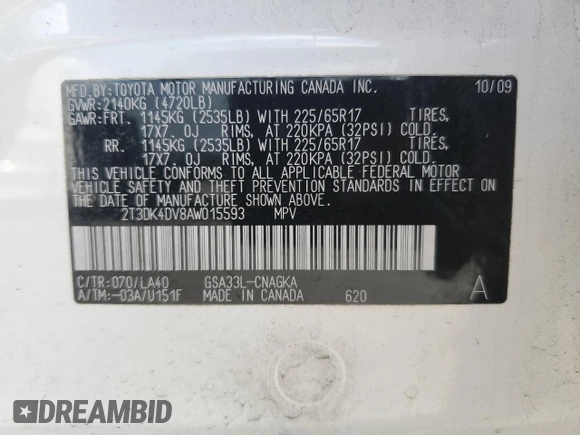 2010 Toyota RAV4 Limited with VIN 2T3DK4DV8AW015593, listed as a Copart auction lot 55684915 with 140,294 mi miles and Salvage title. Bid and sale history available at DreamBid. Image 14.
