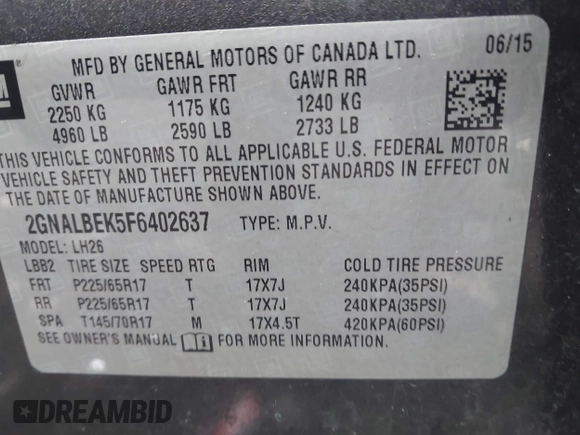 2015 Chevrolet Equinox LT with VIN 2GNALBEK5F6402637, listed as a IAAI auction lot 42050008 with 124,961 mi miles and . Bid and sale history available at carsss.com. Image 9.