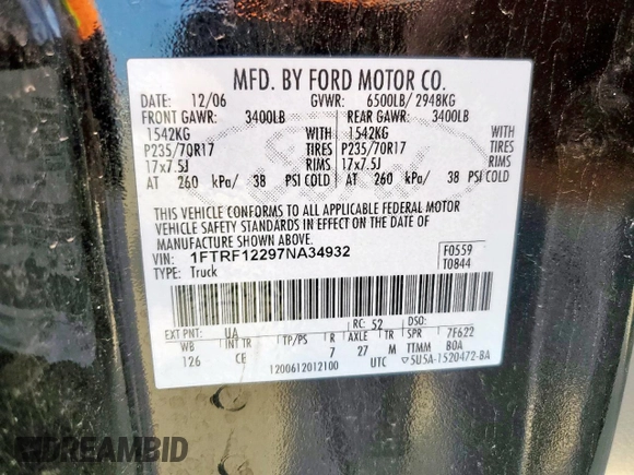 2007 Ford F-150 XL with VIN 1FTRF12297NA34932, listed as a Copart auction lot 60252625 with Not provided miles and Salvage title. Bid and sale history available at DreamBid. Image 12.