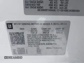 2020 Chevrolet Silverado 1500 LT with VIN 3GCUYDED7LG438771, listed as a IAAI auction lot 41310251 with 94,681 mi miles and . Bid and sale history available at DreamBid. Image 9.