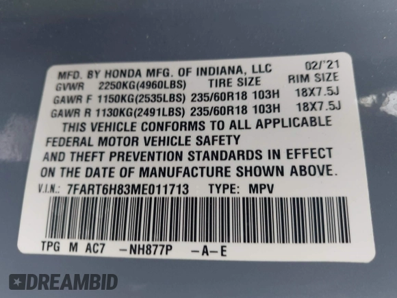 2021 Honda CR-V EX-L с VIN 7FART6H83ME011713, выставлен на аукционе IAAI как лот 42192117 с пробегом 105 138 миль миль и . История ставок и продаж доступна на DreamBid. Изображение 9.
