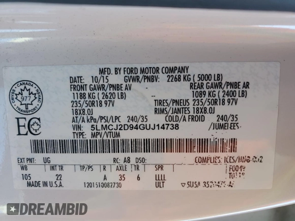 2016 Lincoln MKC Select with VIN 5LMCJ2D94GUJ14738, listed as a Copart auction lot 87359294 with 94,207 mi miles and Clean title. Bid and sale history available at DreamBid. Image 14.