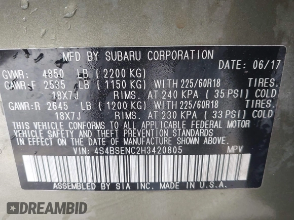 2017 Subaru Outback Limited with VIN 4S4BSENC2H3420805, listed as a IAAI auction lot 42130543 with 127,607 mi miles and . Bid and sale history available at DreamBid. Image 9.