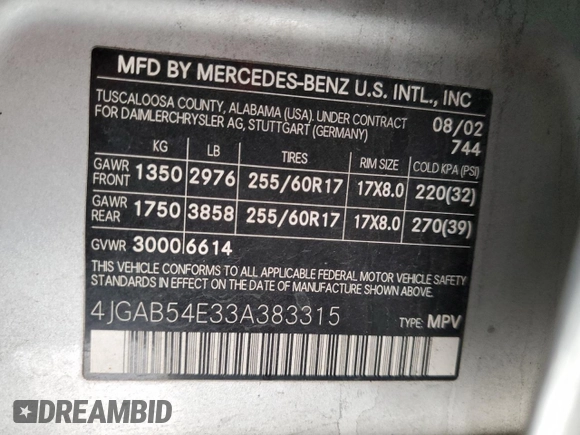 2003 Mercedes-Benz M-Class 3.2L with VIN 4JGAB54E33A383315, listed as a Copart auction lot 44424045 with 265,006 mi miles and Salvage Title. Bid and sale history available at carsss.com. Image 13.
