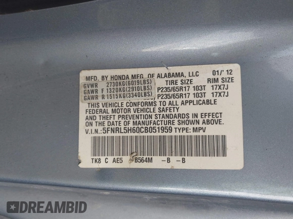 2012 Honda Odyssey EX-L with VIN 5FNRL5H60CB051959, listed as a IAAI auction lot 41967908 with Not Provided miles and . Bid and sale history available at carsss.com. Image 9.