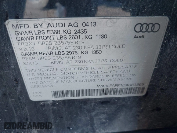 2013 Audi Q5 Premium Plus with VIN WA1LFAFP1DA083955, listed as a IAAI auction lot 41326586 with Not provided miles and . Bid and sale history available at DreamBid. Image 9.
