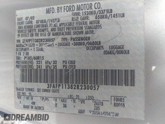 2002 Ford Escort ZX2 Standard z VIN 3FAFP11382R230057, wystawiony jako IAAI lot #42338923 z przebiegiem 111 587 mil mil oraz . Historia ofert i sprzedaży dostępna na DreamBid. Obrazek 9.