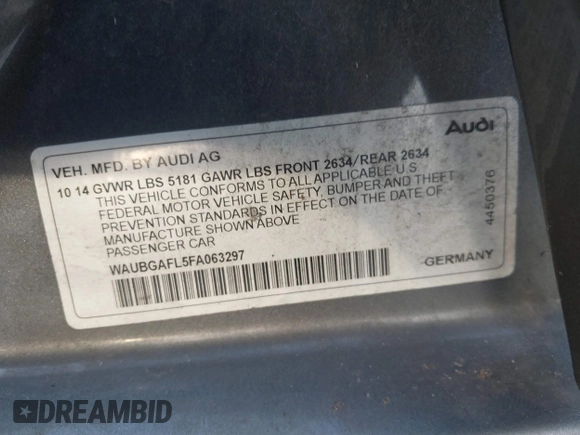 2015 Audi S4 Premium Plus with VIN WAUBGAFL5FA063297, listed as a IAAI auction lot 41334941 with 98,503 mi miles. Bid and sale history available at carsss.com. Image 9.