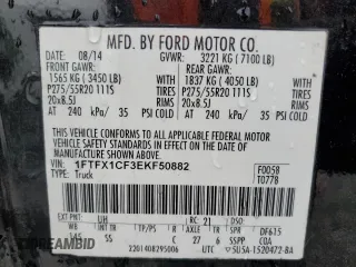 2014 Ford F-150 XL with VIN 1FTFX1CF3EKF50882, listed as a Copart auction lot 50326385 with 168,780 mi miles and Salvage Title. Bid and sale history available at carsss.com. Image 12.