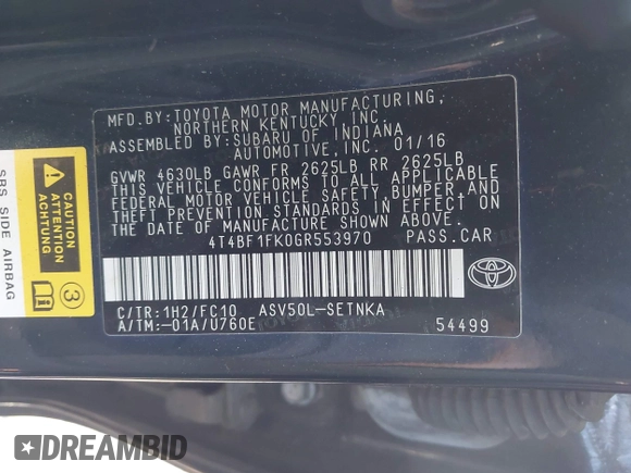2016 Toyota Camry XLE with VIN 4T4BF1FK0GR553970, listed as a IAAI auction lot 41981657 with 224,806 mi miles and . Bid and sale history available at DreamBid. Image 9.