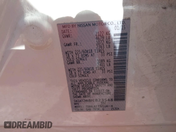 2015 Nissan Rogue SL with VIN 5N1AT2MV8FC823548, listed as a IAAI auction lot 42070704 with 125,331 mi miles. Bid and sale history available at carsss.com. Image 9.