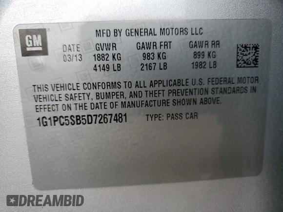 2013 Chevrolet Cruze 1LT with VIN 1G1PC5SB5D7267481, listed as a Copart auction lot 50367635 with 179,020 mi miles and Salvage Title. Bid and sale history available at DreamBid. Image 12.