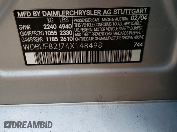 2004 Mercedes-Benz E-Class 3.2L with VIN WDBUF82J74X148498, listed as a Copart auction lot 88336775 with 133,615 mi miles and Salvage Title. Bid and sale history available at carsss.com. Image 12.