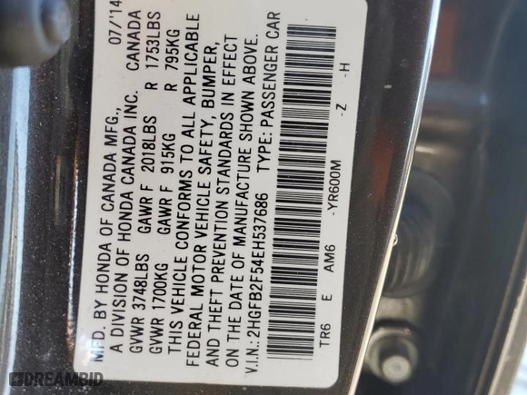 2014 Honda Civic Sedan LX with VIN 2HGFB2F54EH537686, listed as a Copart auction lot 88986665 with 139,374 mi miles and Salvage Title. Bid and sale history available at carsss.com. Image 15.