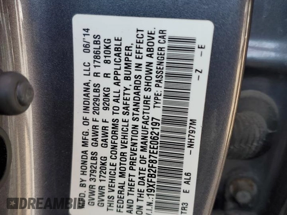 2014 Honda Civic EX with VIN 19XFB2F87EE062197, listed as a Copart auction lot 49826345 with 240,204 mi miles and Salvage Title. Bid and sale history available at carsss.com. Image 12.