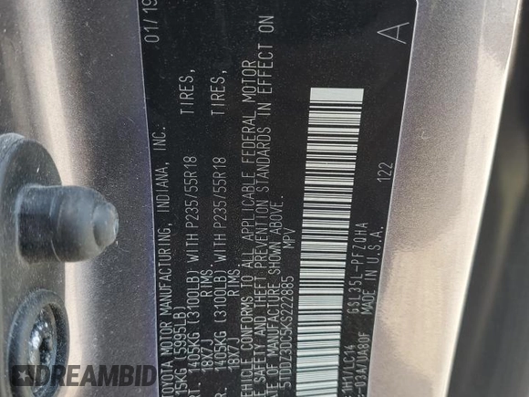 2019 Toyota Sienna XLE with VIN 5TDDZ3DC5KS222885, listed as a Copart auction lot 56983835 with 83,009 mi miles and Salvage title. Bid and sale history available at DreamBid. Image 14.