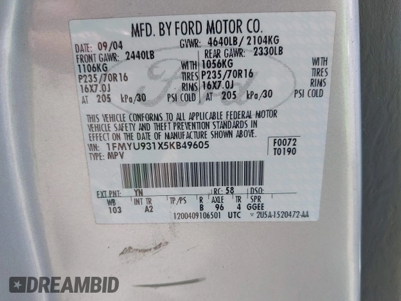 2005 Ford Escape XLT with VIN 1FMYU931X5KB49605, listed as a IAAI auction lot 42162371 with 153,816 mi miles and . Bid and sale history available at DreamBid. Image 9.